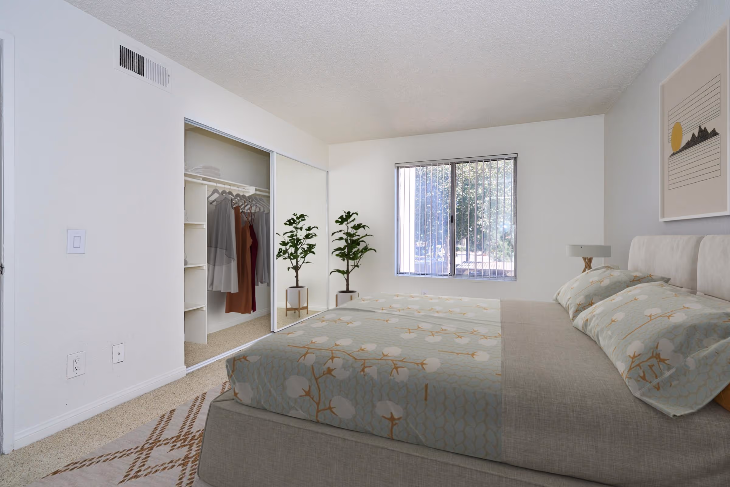 Virtually staged bedroom featuring bed, and closet