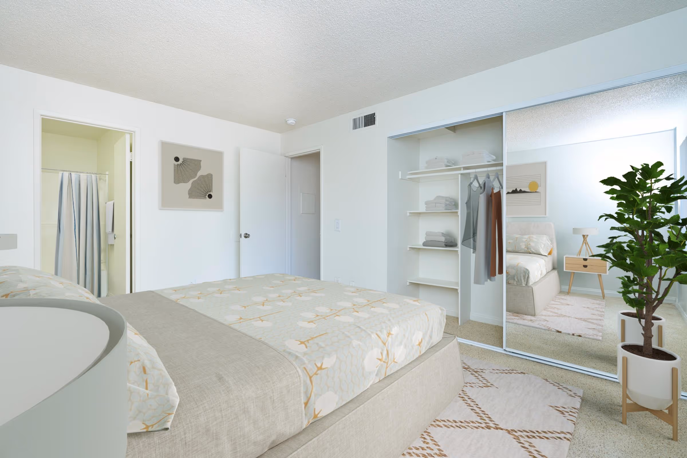 Virtually staged bedroom featuring bed, and closet