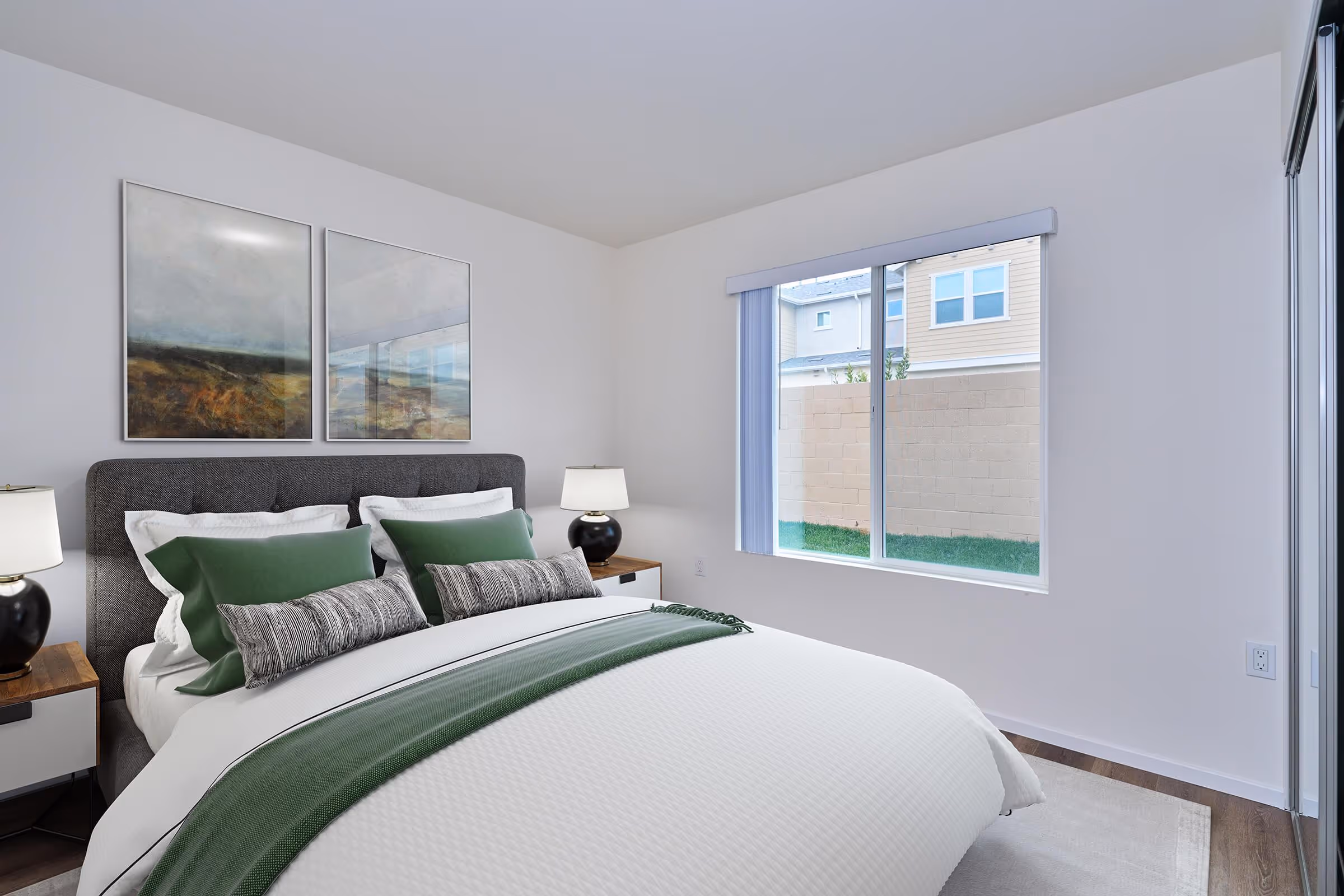 Virtually staged bedroom featuring bed, and large window