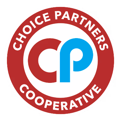 Circular logo with 'Choice Partners Cooperative' in white on a red border surrounding stylized red 'c' and blue 'p' letters.