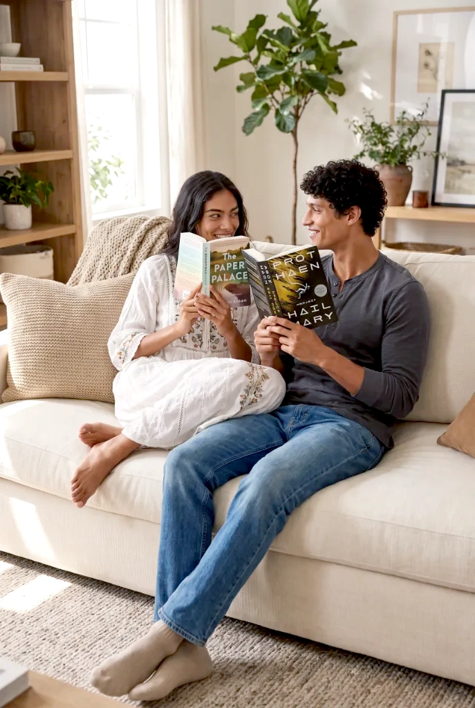 A smiling couple sitting closely on a beige sofa in a bright living room, each holding and reading a book titled 'The Paper Palace' and 'Project Hail Mary.'