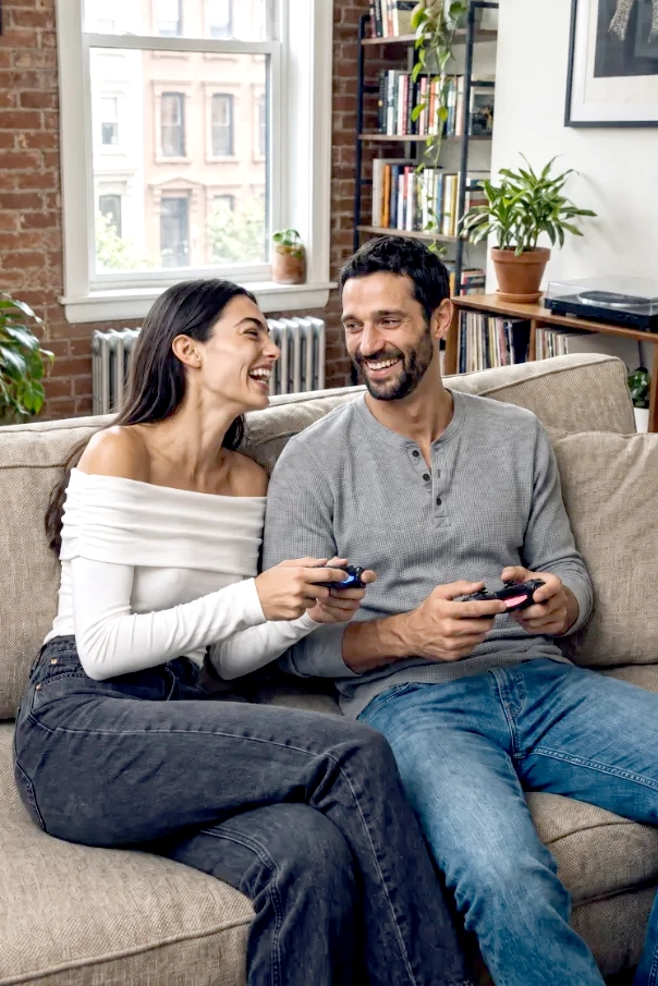 A man and a woman sitting on a beige couch in a living room playing video games with controllers, smiling and looking at each other. The room has a brick wall, a large window, and shelves with plants and books.