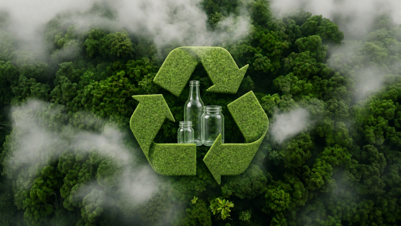Sustainability and recycling concept with a green recycling symbol over a forest and glass containers