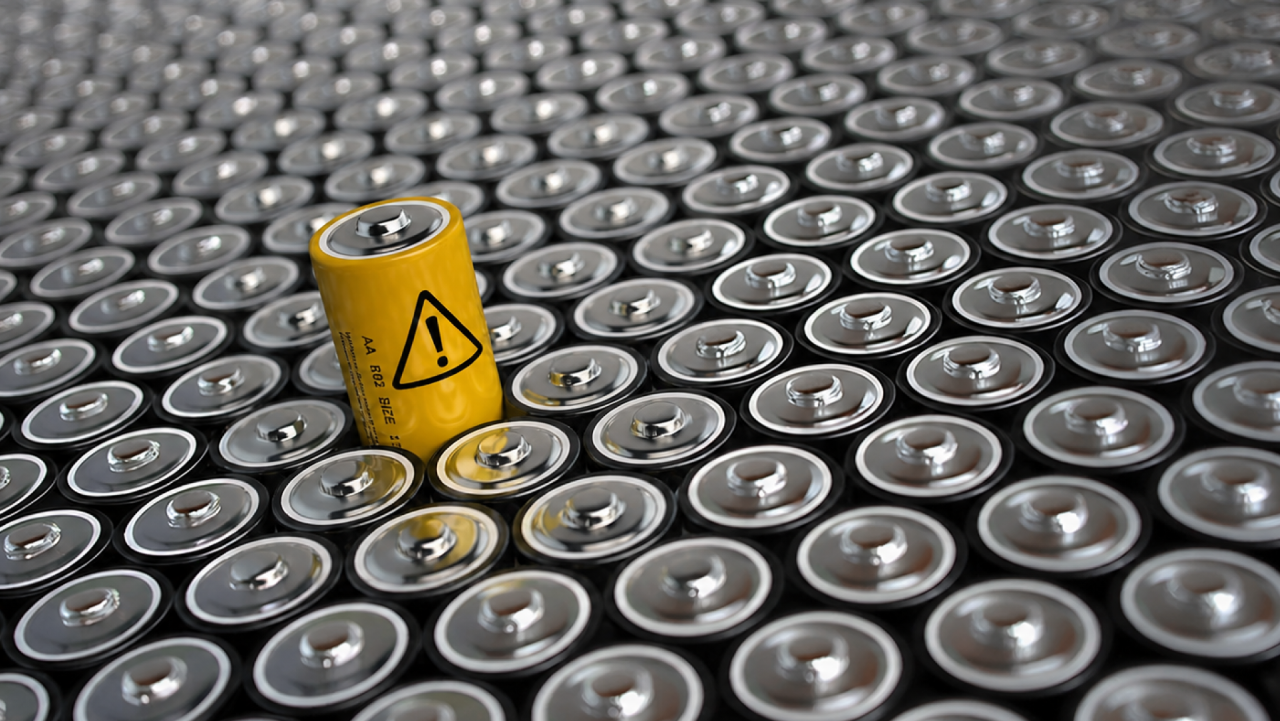 A single yellow lithium battery marked with a hazard warning symbol standing upright among rows of cylindrical batteries