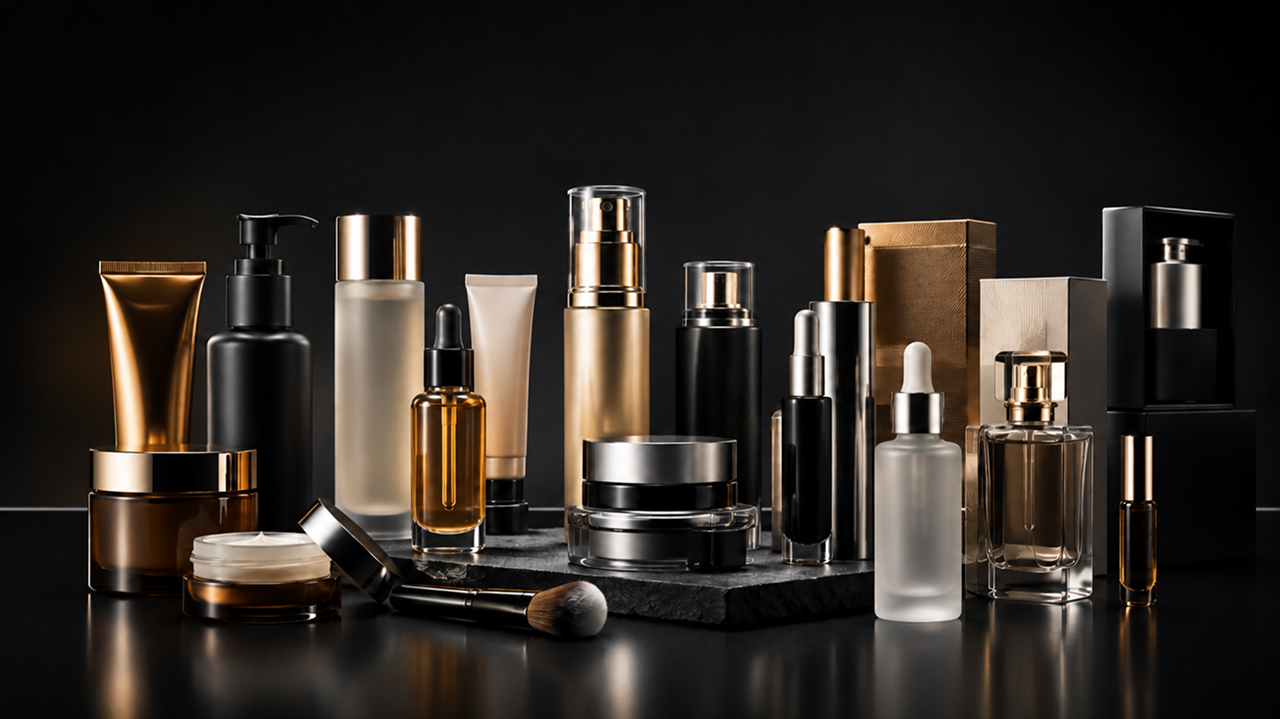 An arrangement of premium beauty and personal care packaging — pump bottles, cream jars, dropper serums, tubes, compacts and a fragrance bottle in gold, black and frosted glass on a dark background