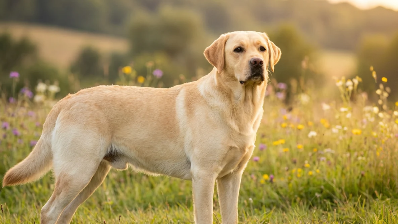 A healthy yellow Labrador retriever standing in a sunlit wildflower meadow.