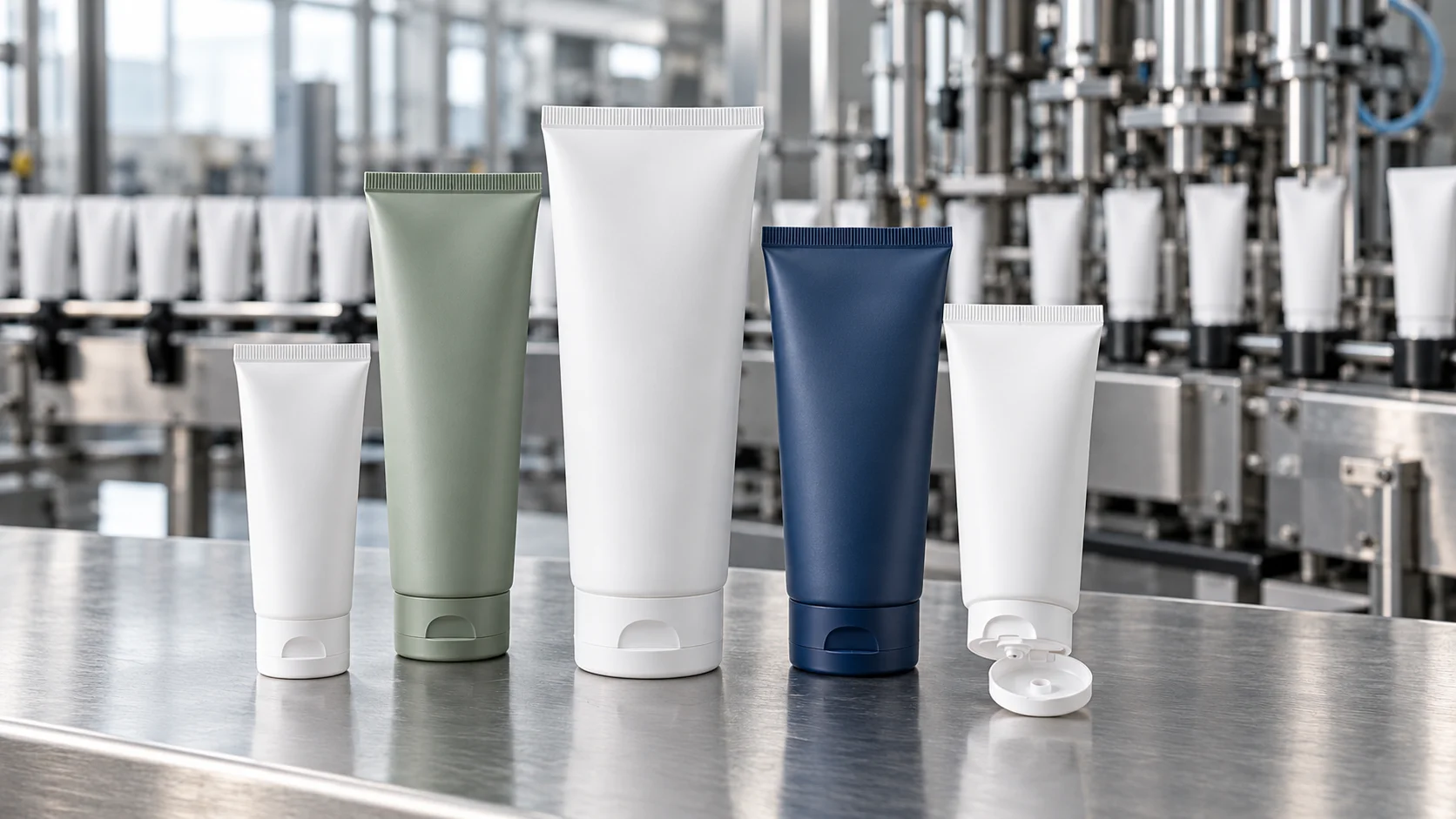 Plastic squeeze tubes in white, sage green, and navy on a stainless steel counter in front of a tube filling line