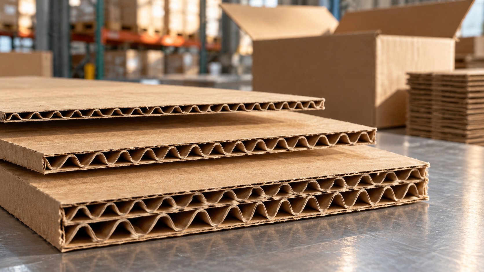 Stacked sheets of corrugated fiberboard showing single-wall and double-wall flute profiles in a warehouse, with shipping boxes behind.