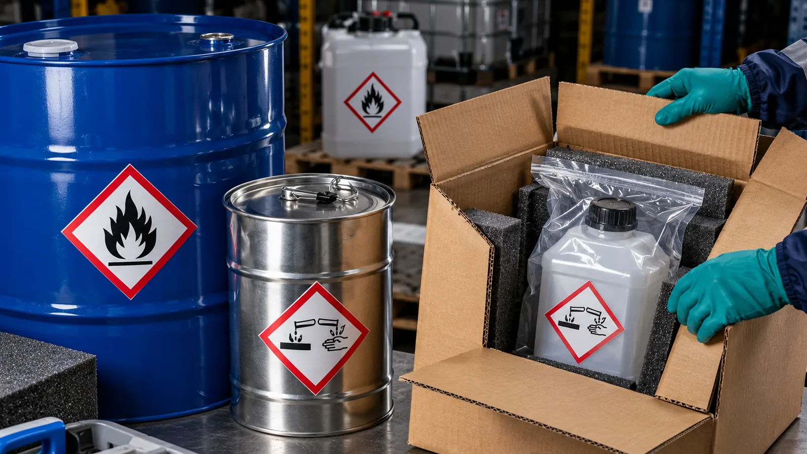 Blue steel drum, steel pail and a cardboard box with foam inserts holding a bagged jerrycan, each labeled with GHS hazard pictograms, being packed by a gloved worker