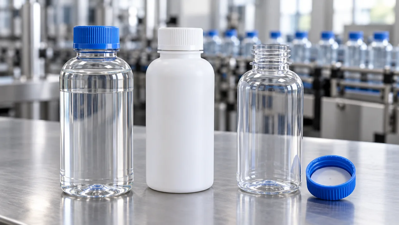 Clear plastic bottle with a blue screw cap, white plastic bottle with a white cap and an open clear bottle beside a blue cap, on a steel table in a bottling facility