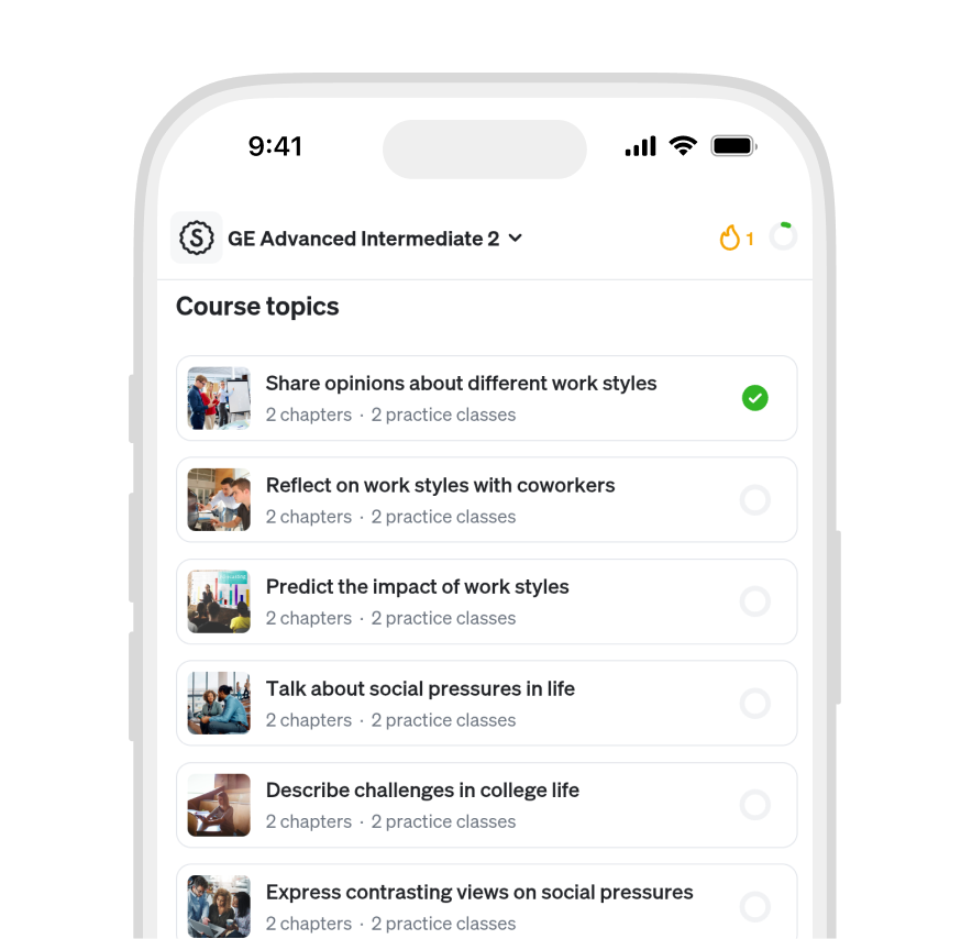 Mobile screen listing course topics on work styles and social pressures with chapters and practice classes.