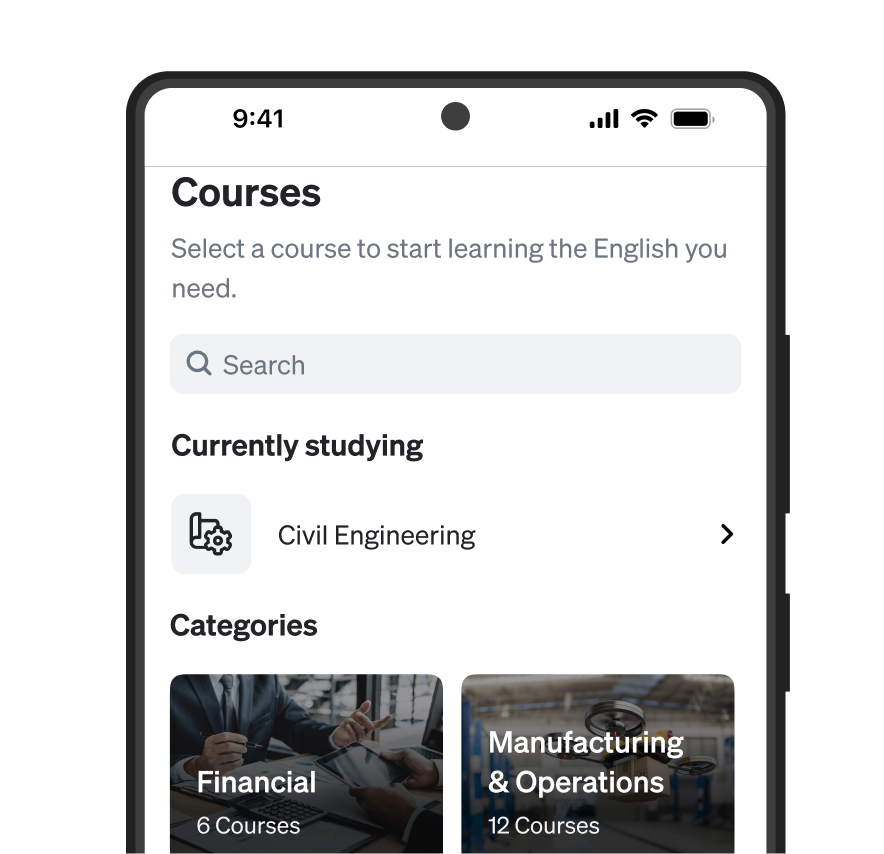 Mobile app screen showing English courses: currently studying Civil Engineering, categories Financial and Manufacturing.