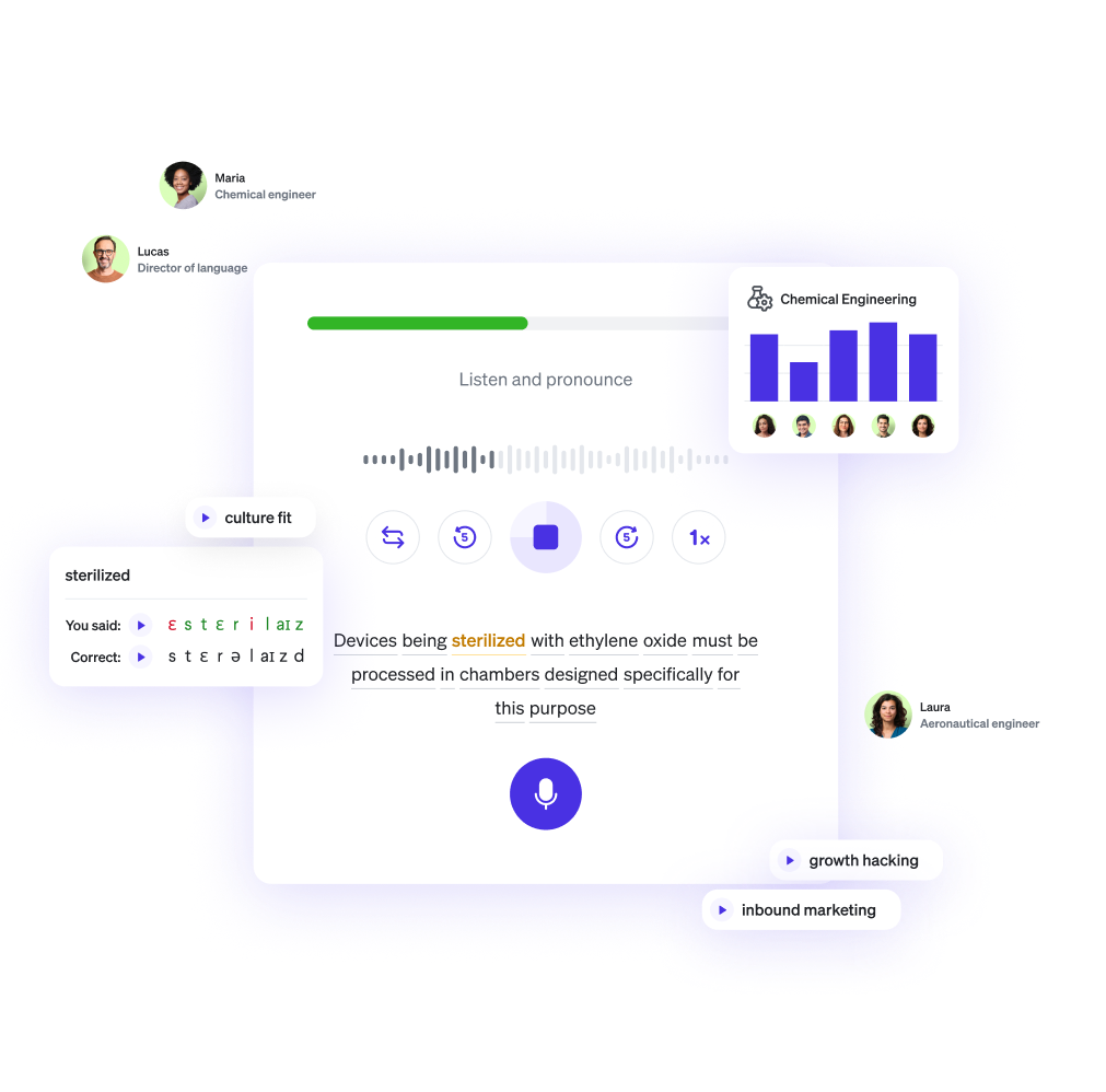 Language learning app screen with pronunciation practice, phonetic feedback, and user profiles.