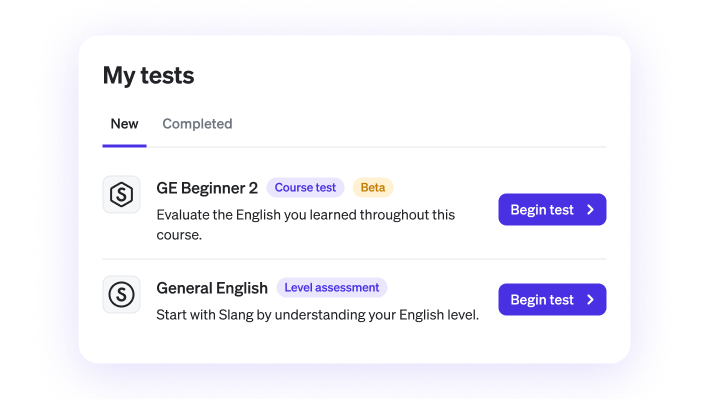 Interface showing two English tests named GE Beginner 2 and General English with start buttons.