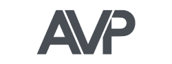 AVP letters logo in dark gray font on transparent background
