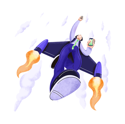 Businessman flying upward with jetpack wings holding a smartphone in hand.