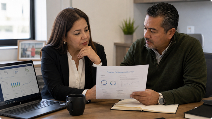 Man and woman reviewing a document titled Program Performance Overview at a desk with a laptop and notebook.