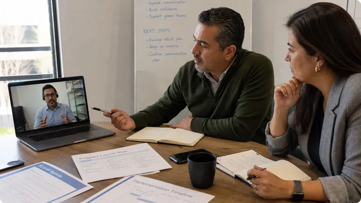 Two professionals discussing plans with a remote colleague via laptop during a video meeting.