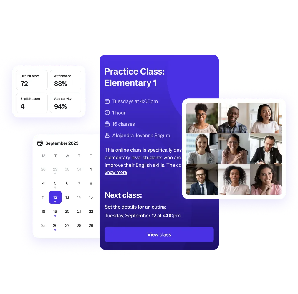 Online class dashboard showing scores, calendar, practice class details, and a video call with nine participants.