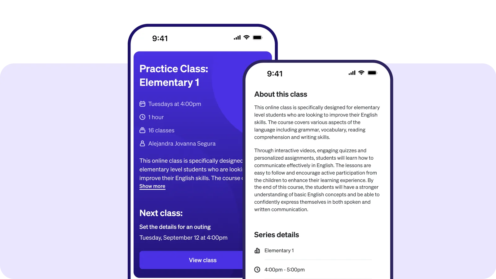 Two phone screens showing details of an elementary English practice class including schedule, instructor, and description.