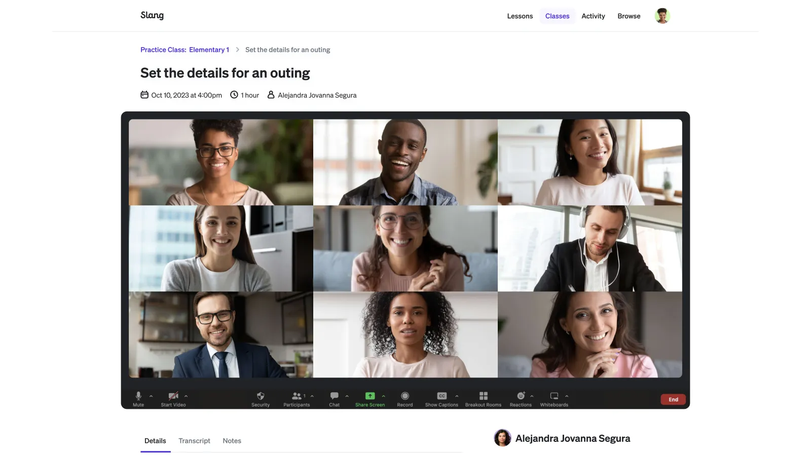 Online video call with nine diverse participants smiling in a virtual classroom setting.