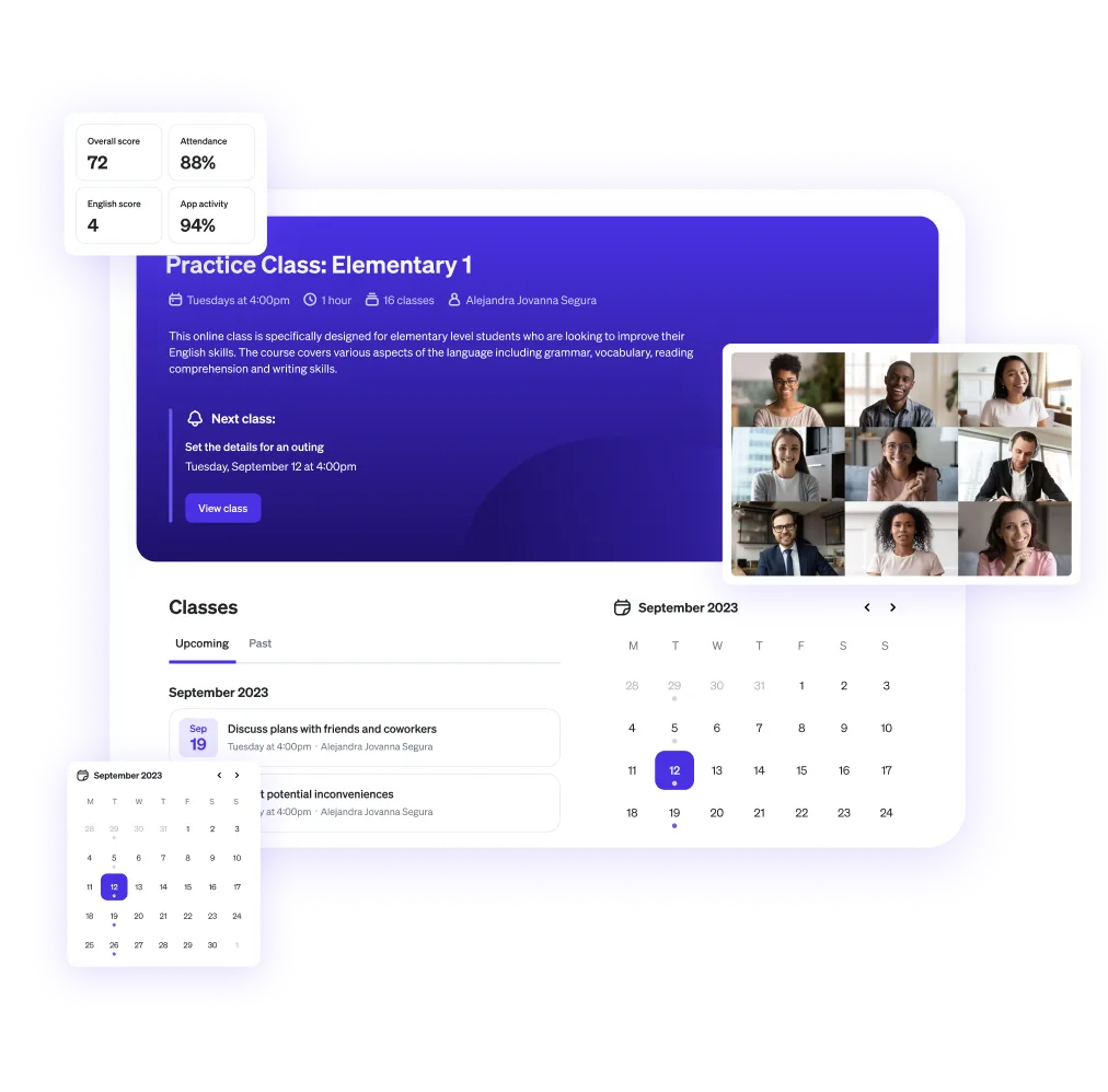 Online class dashboard for Elementary 1 with schedule, scores, calendar, and video call of nine participants.