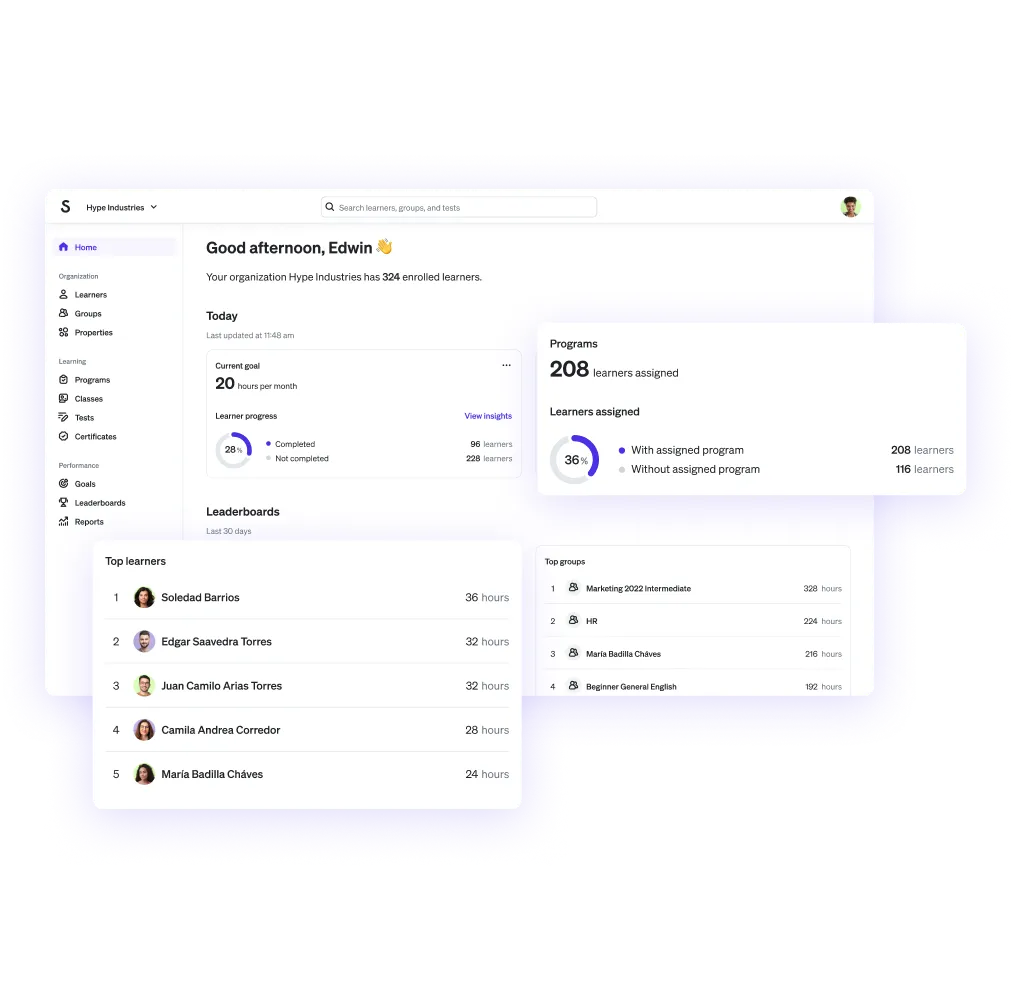 Dashboard showing 324 learners, 208 assigned programs, learner progress, and top learners and groups with hours logged.