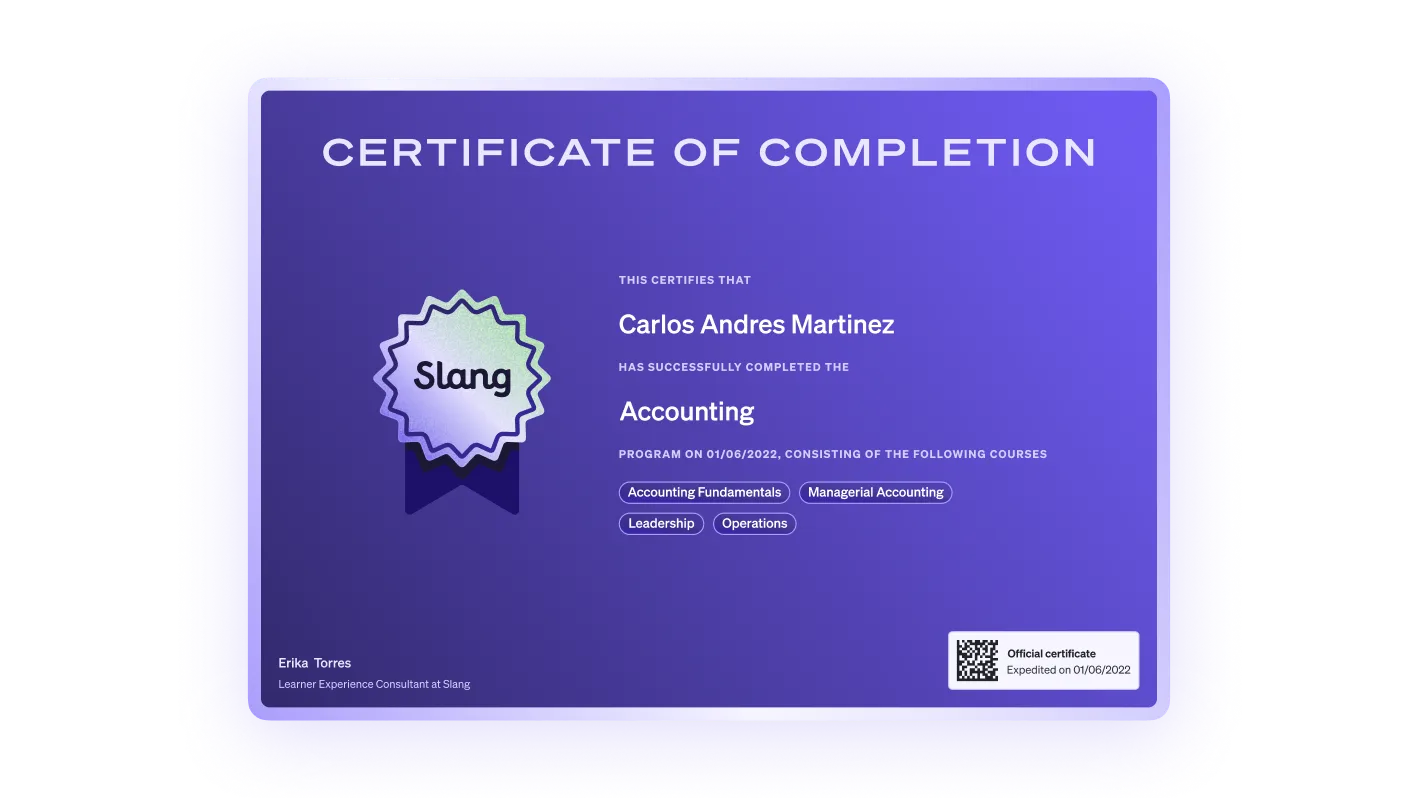 Purple certificate of completion for Carlos Andres Martinez in accounting from Slang with course details and official seal.