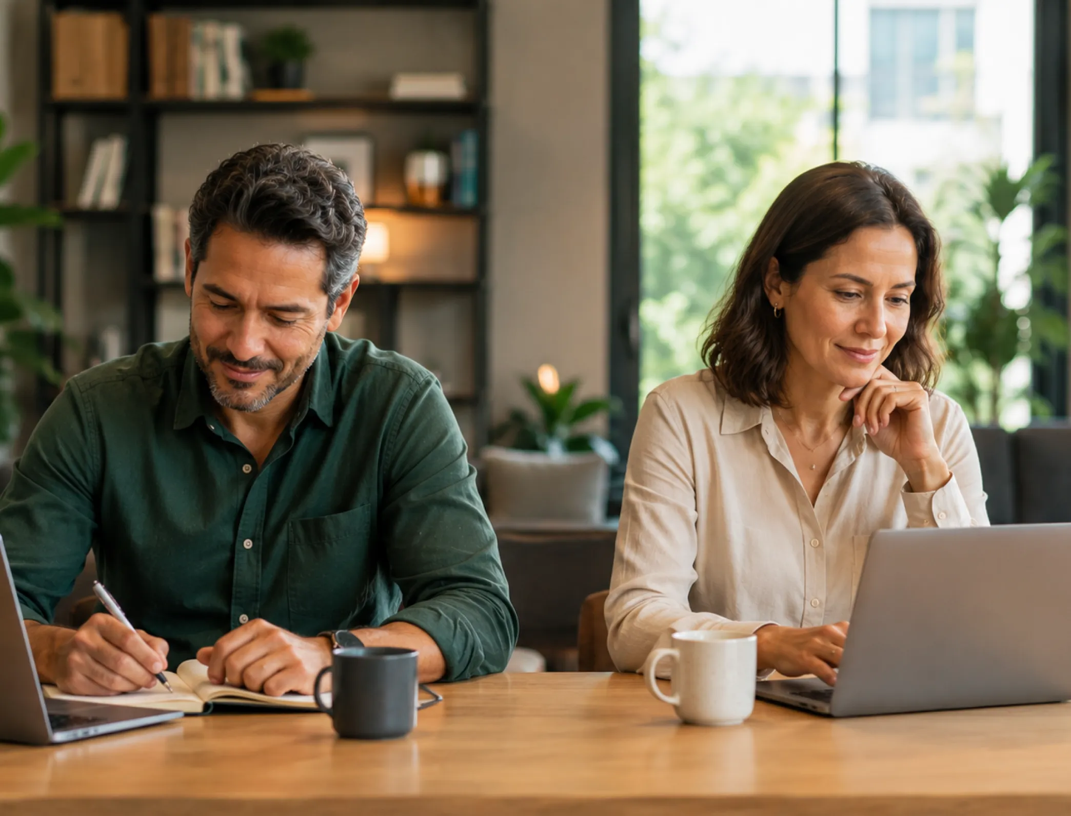 Man writing in notebook and woman typing on laptop seated side by side at wooden table with mugs.