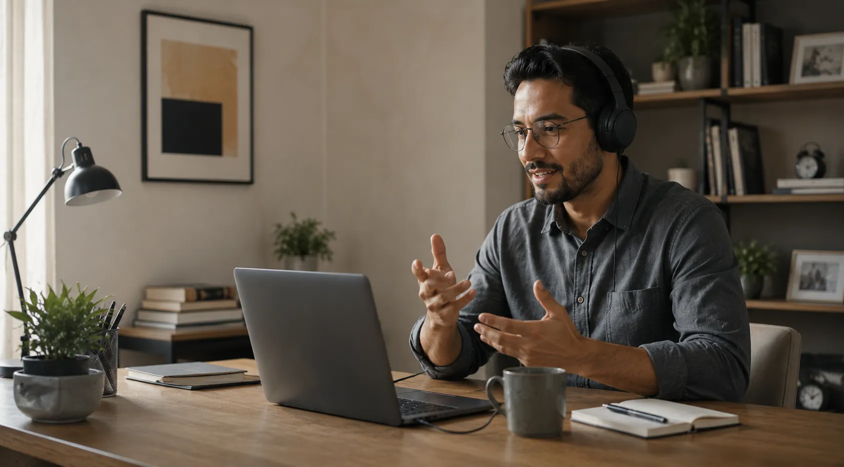 Man wearing glasses and headphones engaged in a video call on his laptop at a desk.