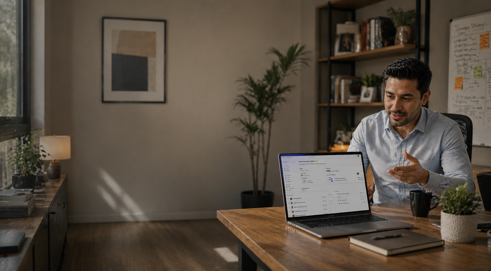 Man at desk in home office gesturing toward open laptop during video call.