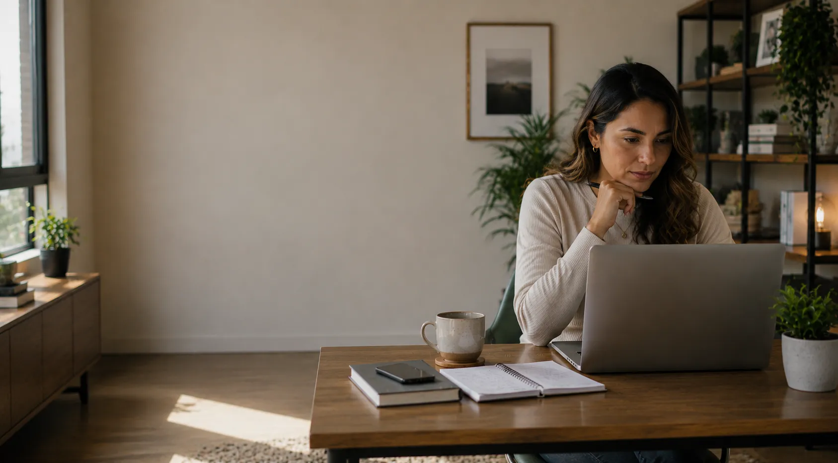 Woman working on a laptop at a wooden desk with a mug, notebook, and phone in a cozy room.