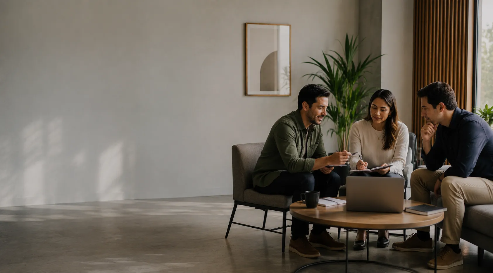 Three people sit around a table with a laptop, discussing and taking notes in a modern room.