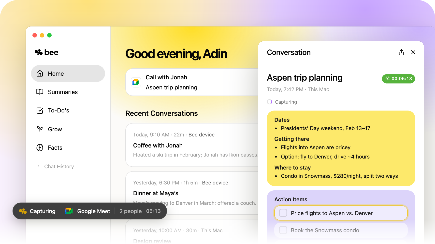 Bee writing live notes during a Google Meet call