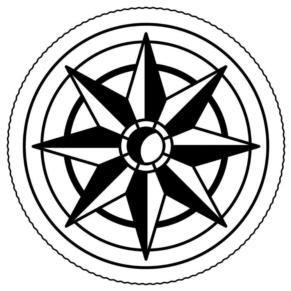 Black and white stylized circular logo with irregular edges.