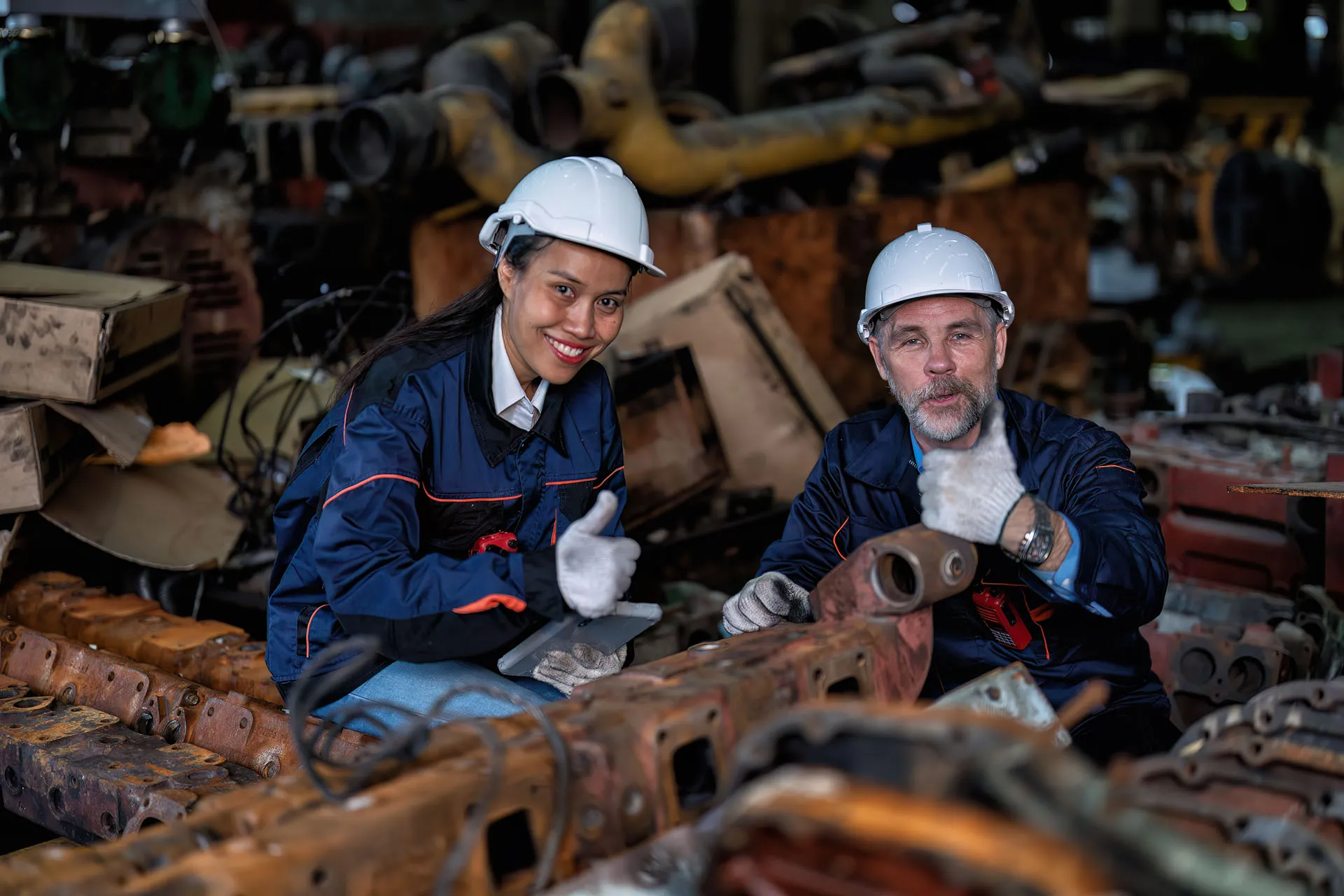 Two engineers wearing white helmets and blue uniforms giving thumbs up while inspecting machinery parts.