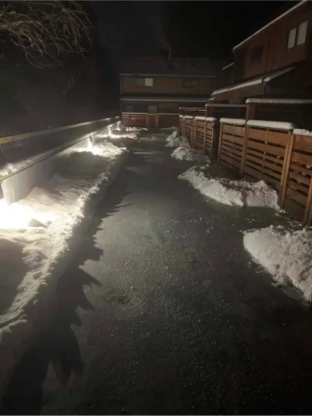 Cleared and de-iced pedestrian walkway at a strata property in Greentree Village, Burnaby