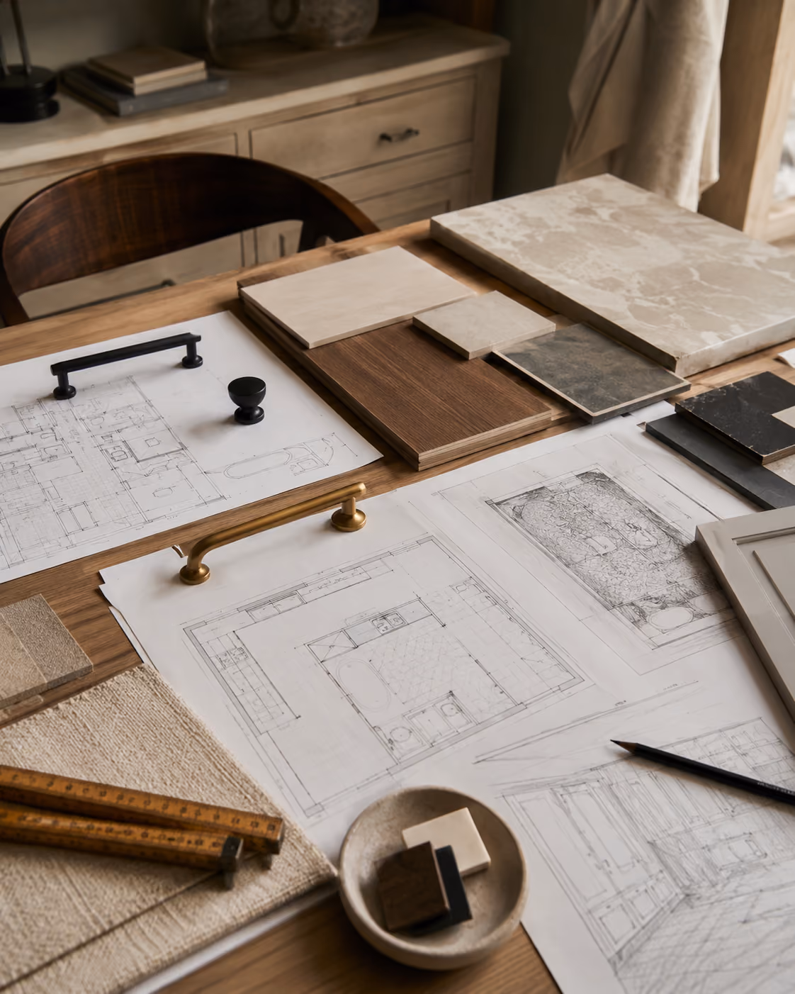 Kitchen and bathroom remodeling plans with tile, stone, cabinet finish, and hardware samples laid out on a warm wood table.