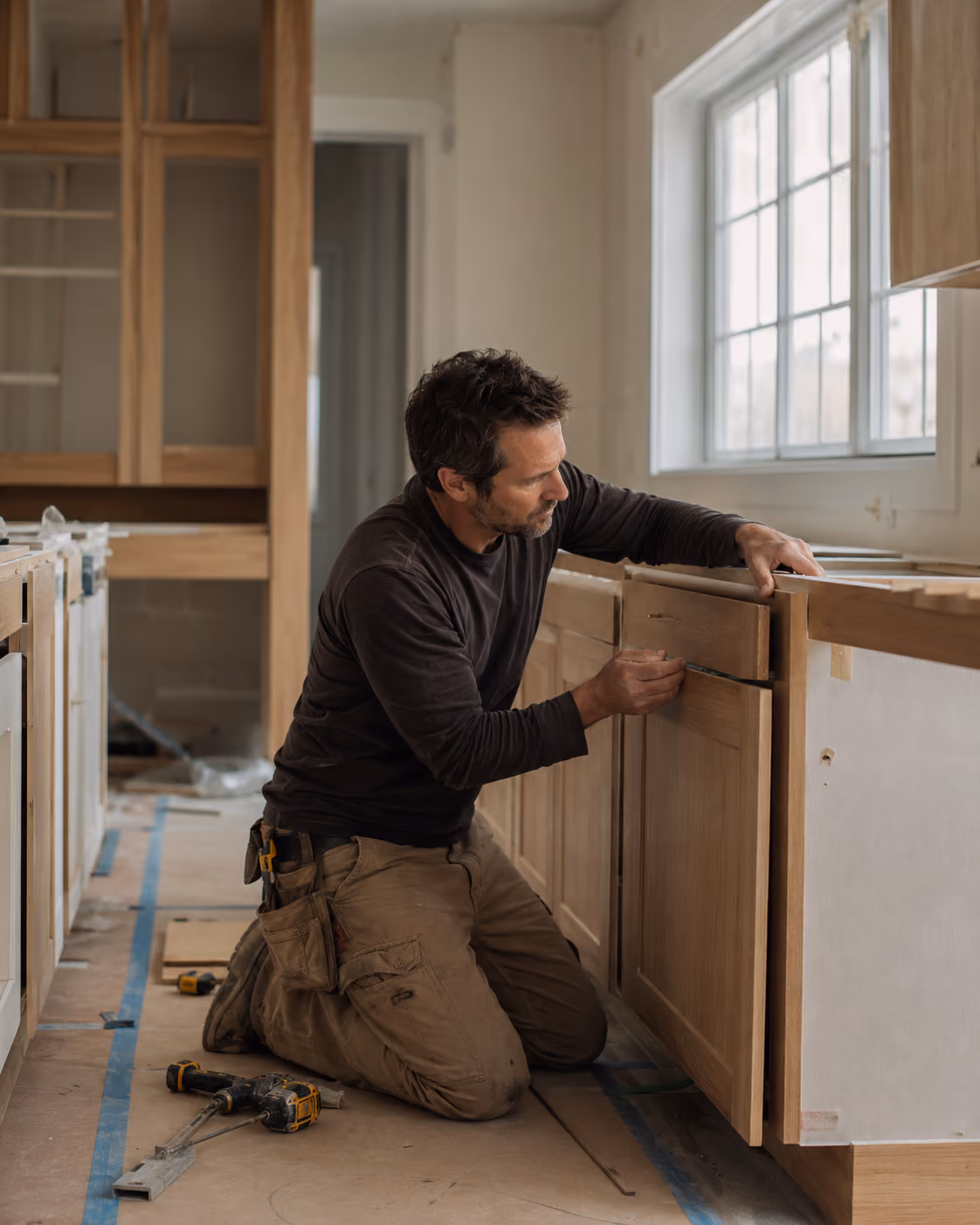 Skilled remodeler kneeling in a clean kitchen jobsite while aligning custom wood cabinetry during the build phase.