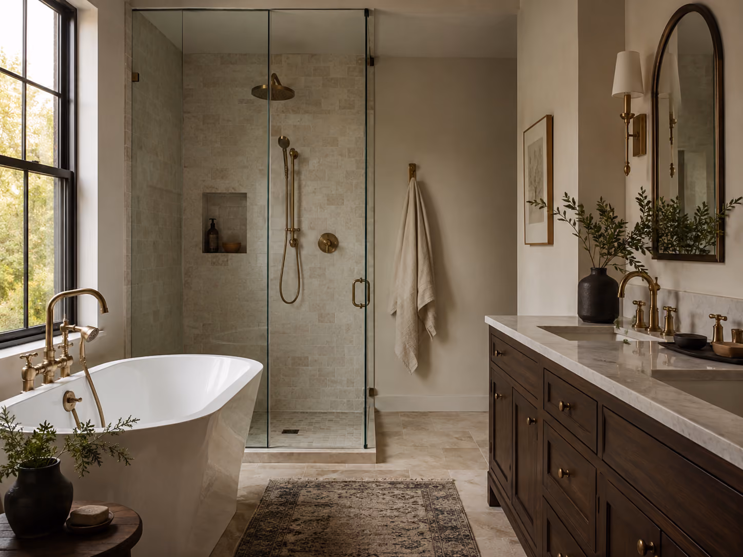 Luxury bathroom remodel with freestanding tub, glass walk-in shower, stone tile, dark wood vanity, and brass fixtures.