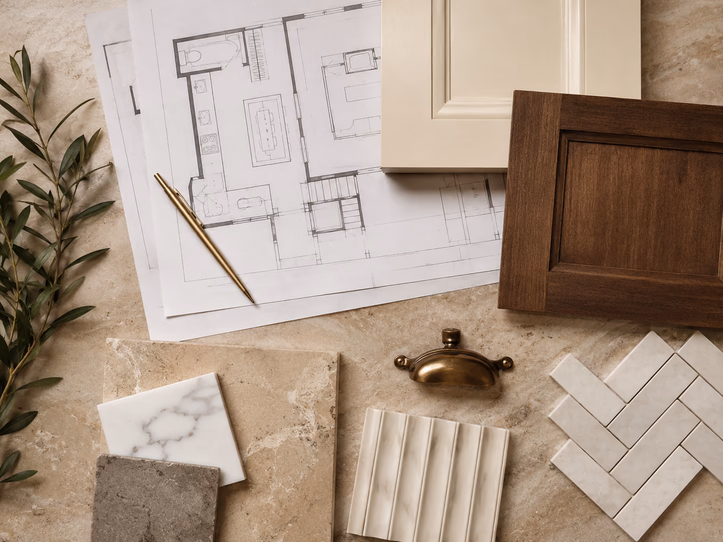 Kitchen and bath design planning materials with architectural floor plans, cabinet samples, stone swatches, tile, and brass hardware.