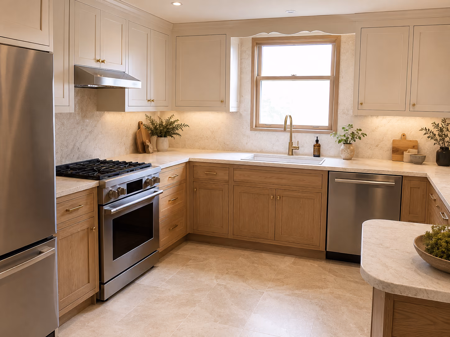 Bright remodeled kitchen with custom cream and white oak cabinetry, stone countertops, brass fixtures, and stainless steel appliances.