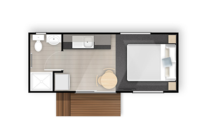 Plan of Kestrel 1 bedroom cabin with kitchen and bathroom