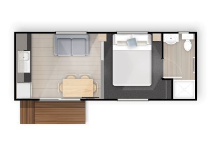Plan of Norfolk 2 bedroom cabin with kitchen and bathroom