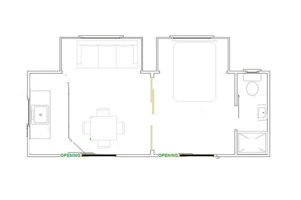 Plan of Norfolk 2 bedroom cabin with kitchen and bathroom