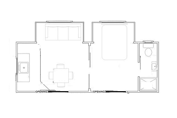 The Expander cabin floor plan. 7.2m x 2.4m + 2 extension bays