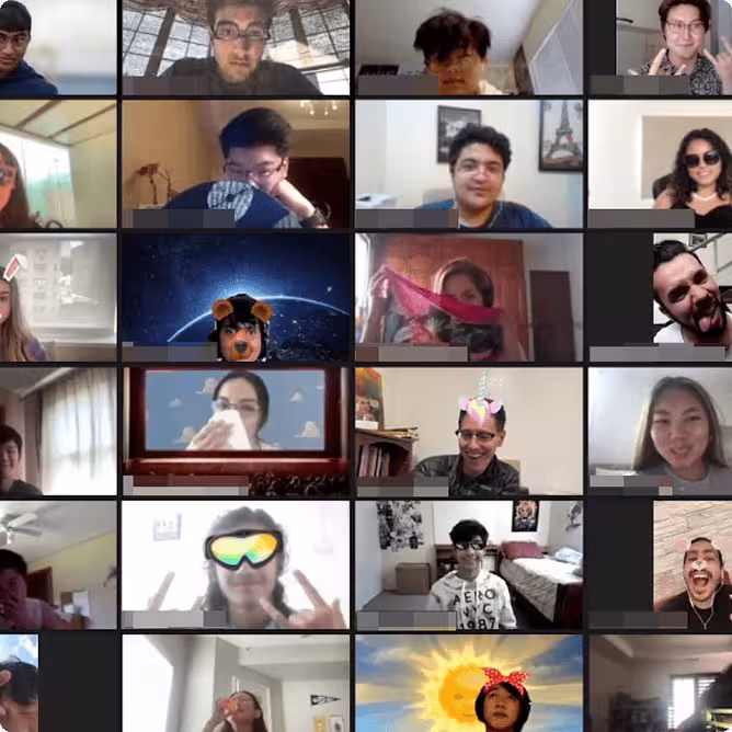 Zoom video call grid showing diverse people with various virtual backgrounds and face filters.