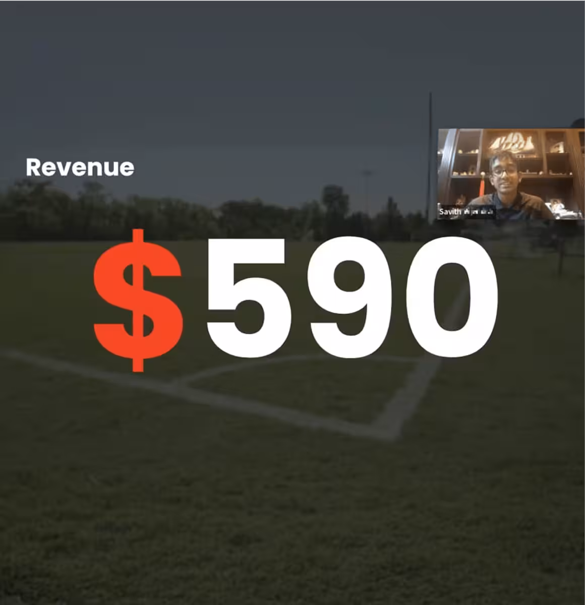 Text showing revenue of $590 overlaying a grassy field with trees and a person in a small video call box.
