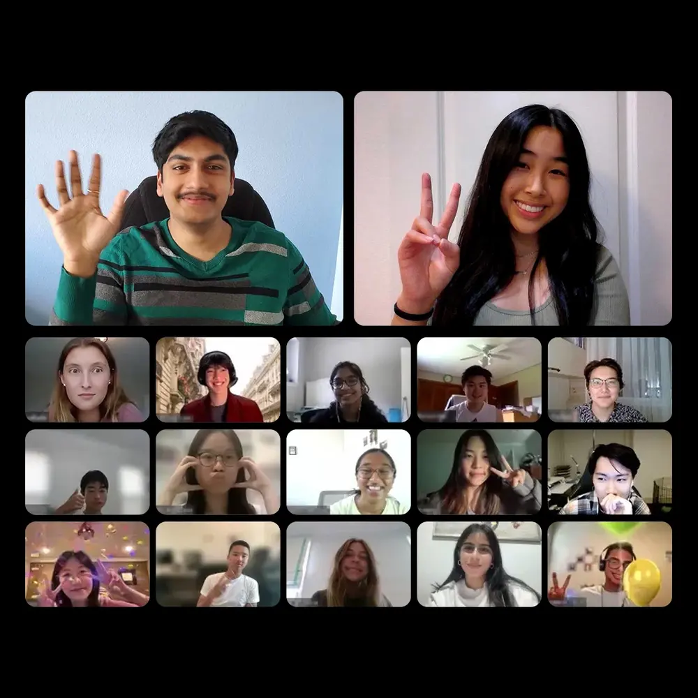 Grid of students smiling and waving on a Leangap Online group video call