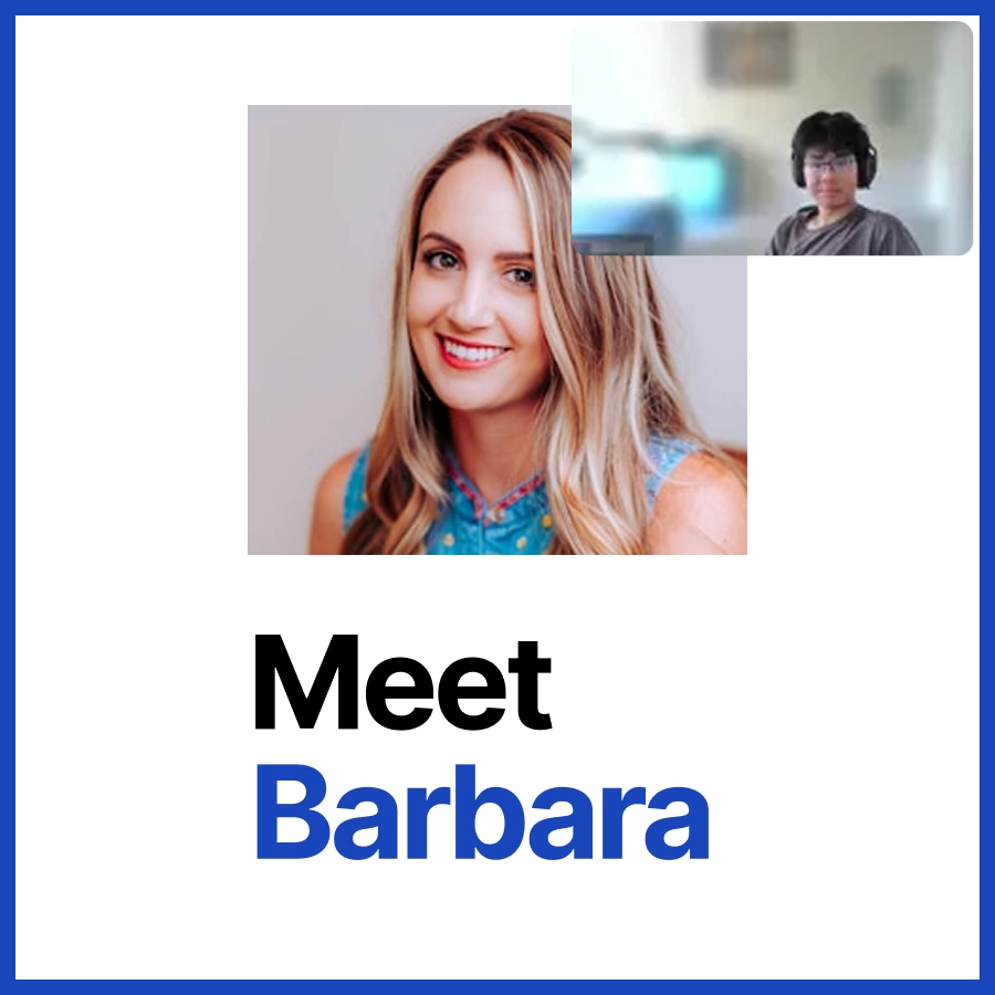 "Meet Barbara" graphic with her headshot and a student on a video call
